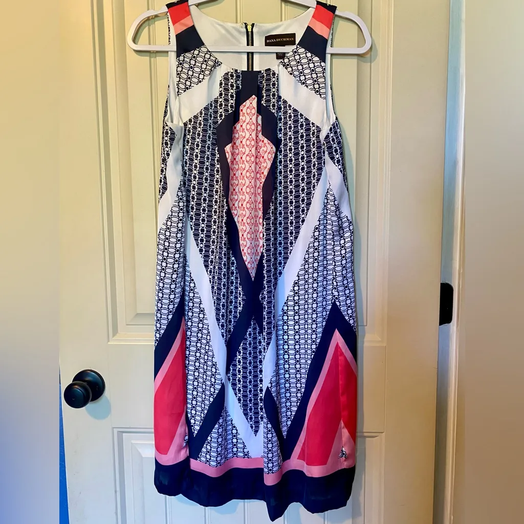 Dana Buchman Red/Blue/Pink Geometric Charmeuse Shift Dress - Image 4
