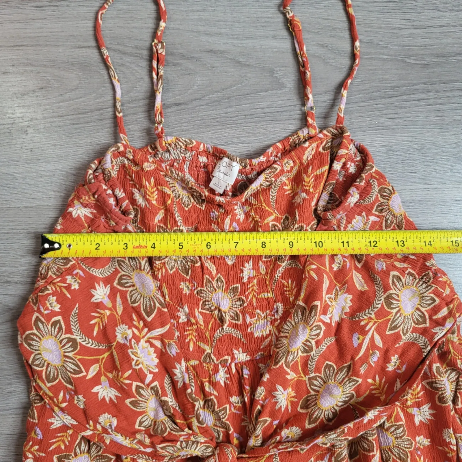 LOFT Beach Orange Floral Smocked Jumpsuit Cropped Wide Leg Size Large Resortwear - Image 7
