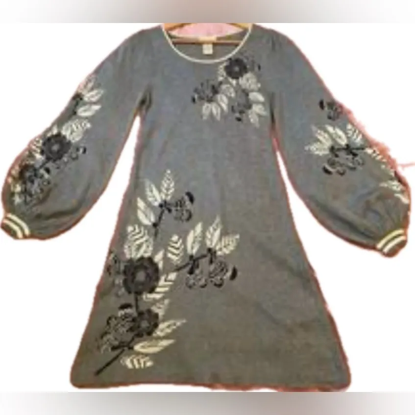 Max Studio grey  knit Cotton Rayon blend  floral motif sweater dress L - Image 5