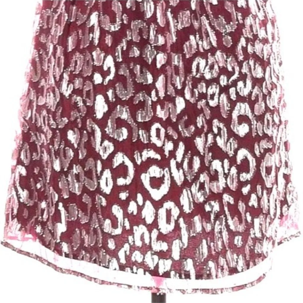 Aqua Metallic Leopard Print Dark Red Mini Dress Short Puff Sleeves Size M NWT - Image 6
