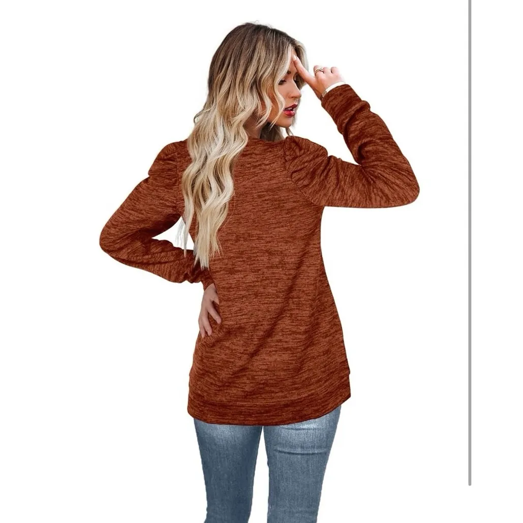 NWOT Orange Crewneck‎ Sweater for Women Puff Sleeve Sm - Image 2