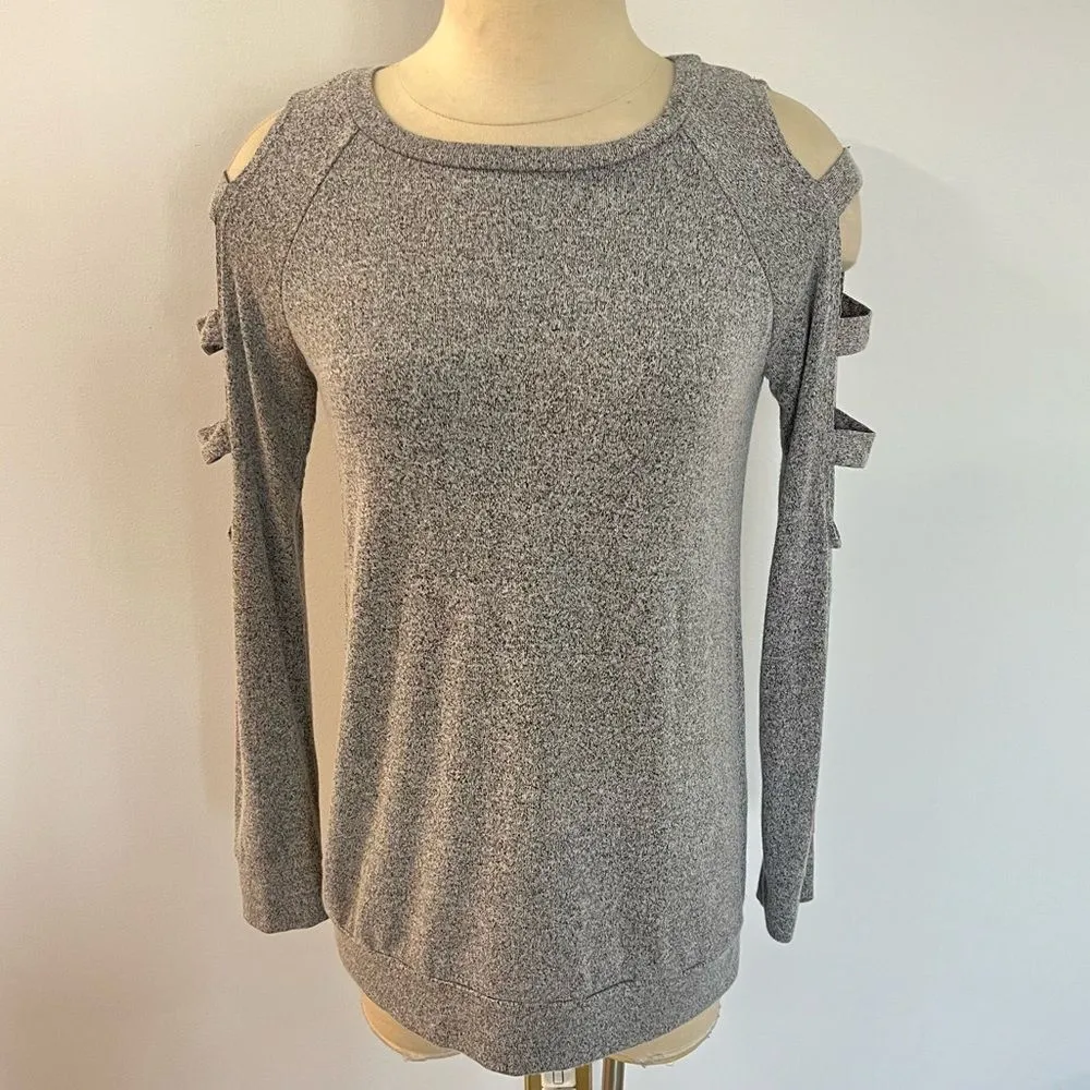 Promesa Heather Grey Brushed Knit Cold Shoulder Ladder Cut Out Long Sleeve Top - Image 4