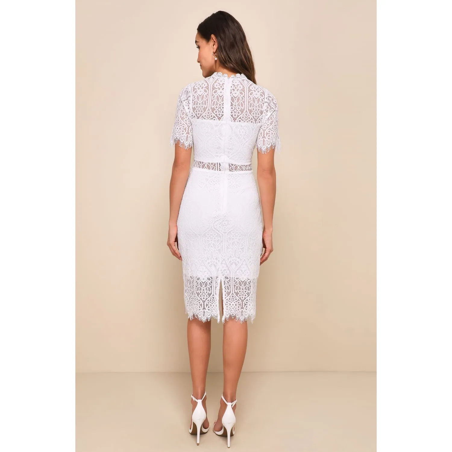 NWT Lulus Remarkable White Sheer Lace Short Sleeve Midi Dress Sheath Classy Sz S - Image 3