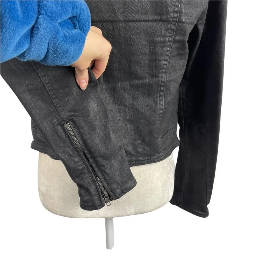 Free People Drape Front Coated Waxed Denim Moto Cropped Jacket Black Zip Cuffs 4 - Image 12