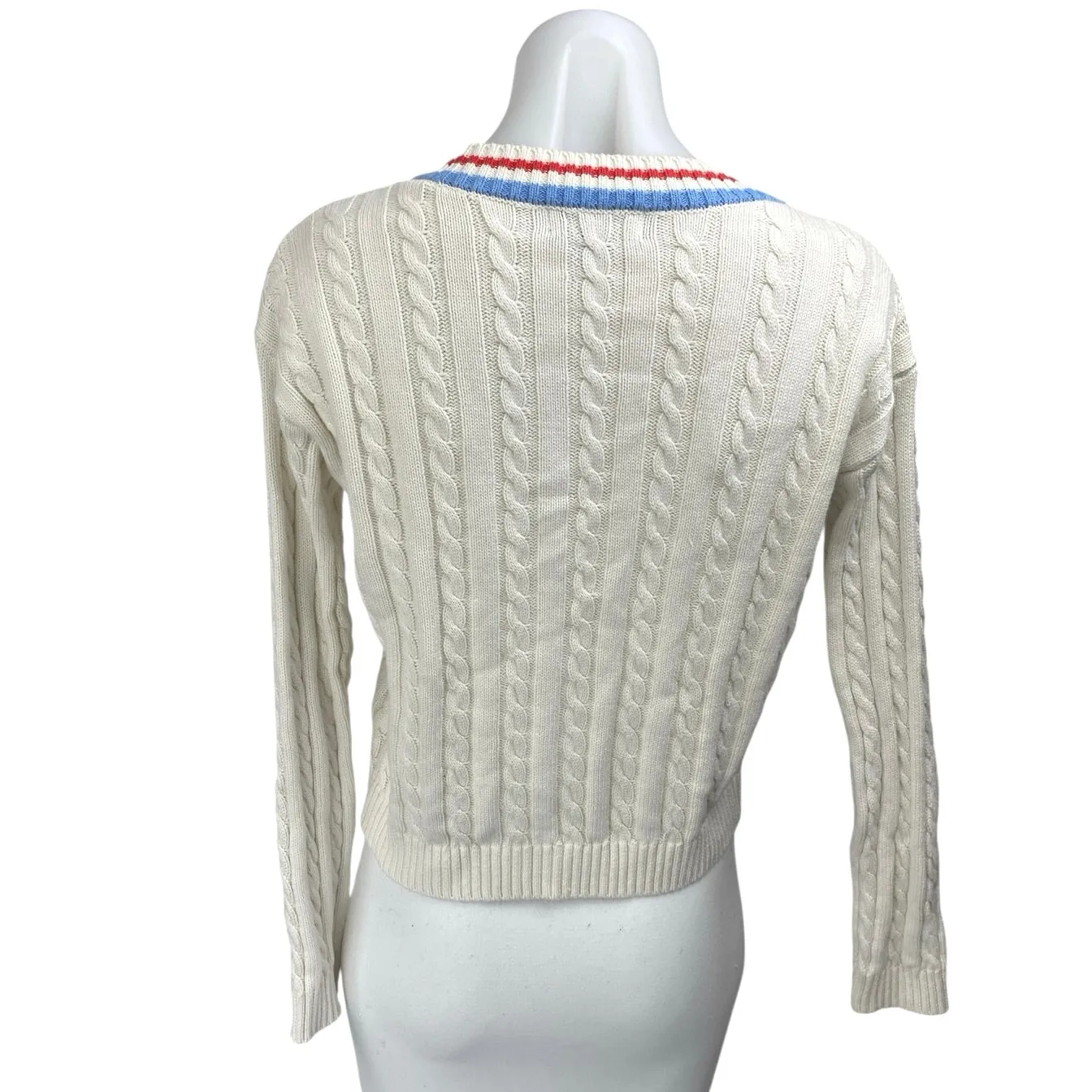 Prince White Cable Knit Striped Long Sleeve Button Up Cardigan Sweater Top XS - Image 3