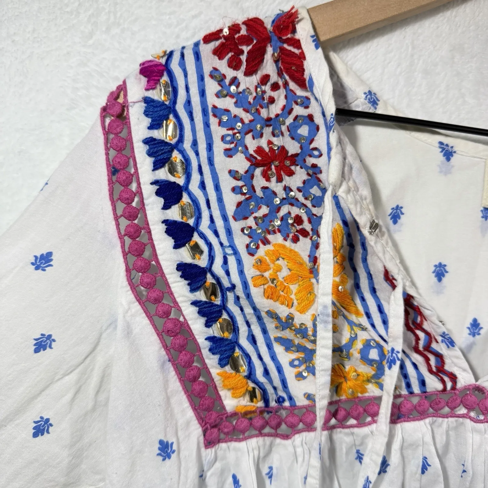 Miss June White Blouse Multicolor Embellishments 100% Cotton Boho Size undefined - Image 8