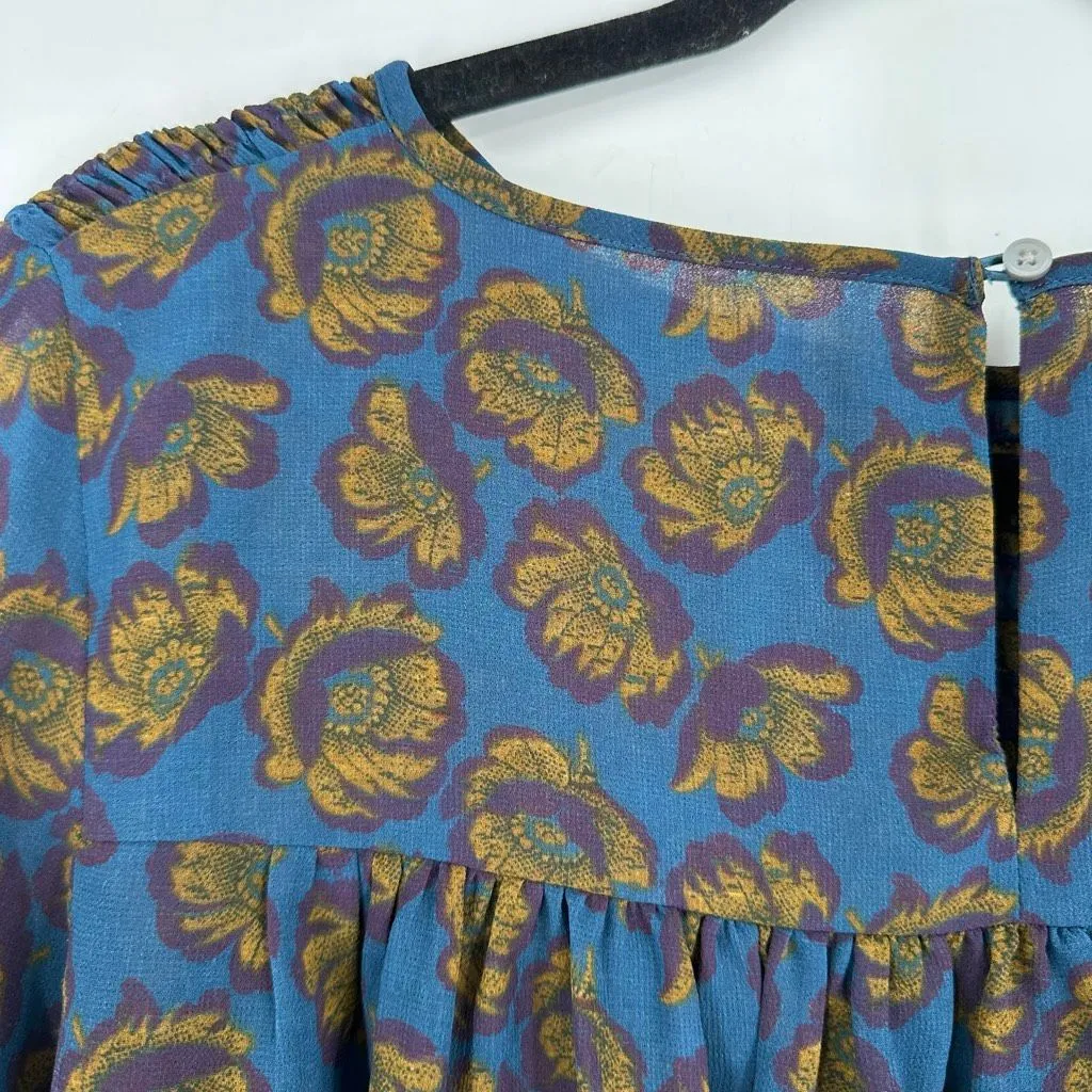 LOFT XS Floral Smocked Blouse Blue Mustard Purple Yoke Keyhole EUC‎ Flowy Fall - Image 2
