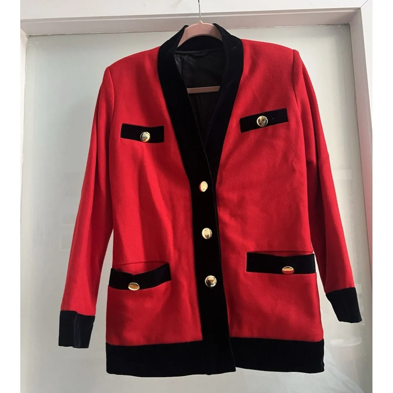Red Velvet Black Trim Novelty Button Jacket Blazer Express Size Medium - Image 5