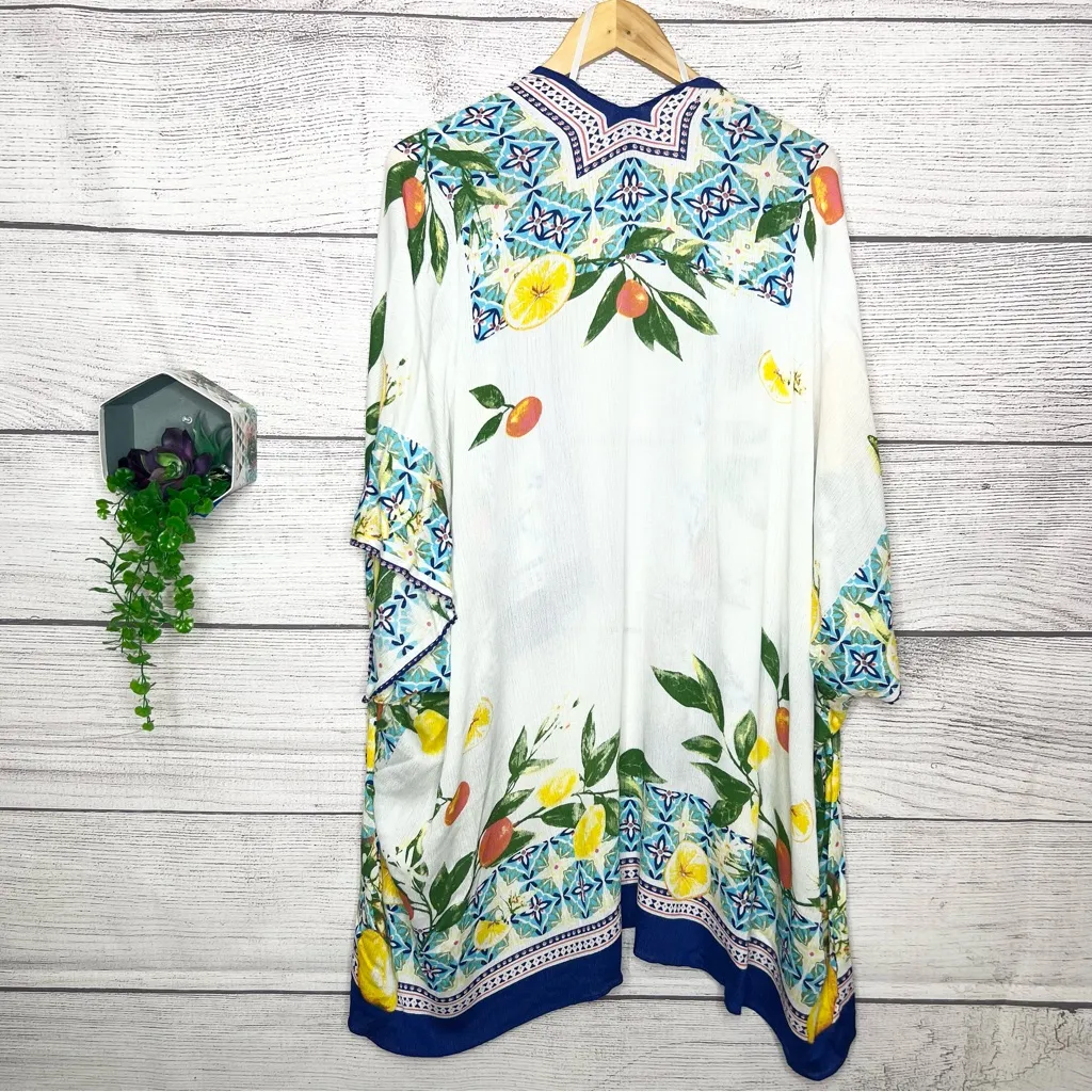 Vince Camuto Lemon Tile Printed Kimono with Blue Accents Crinkle Viscose Floral - Image 10