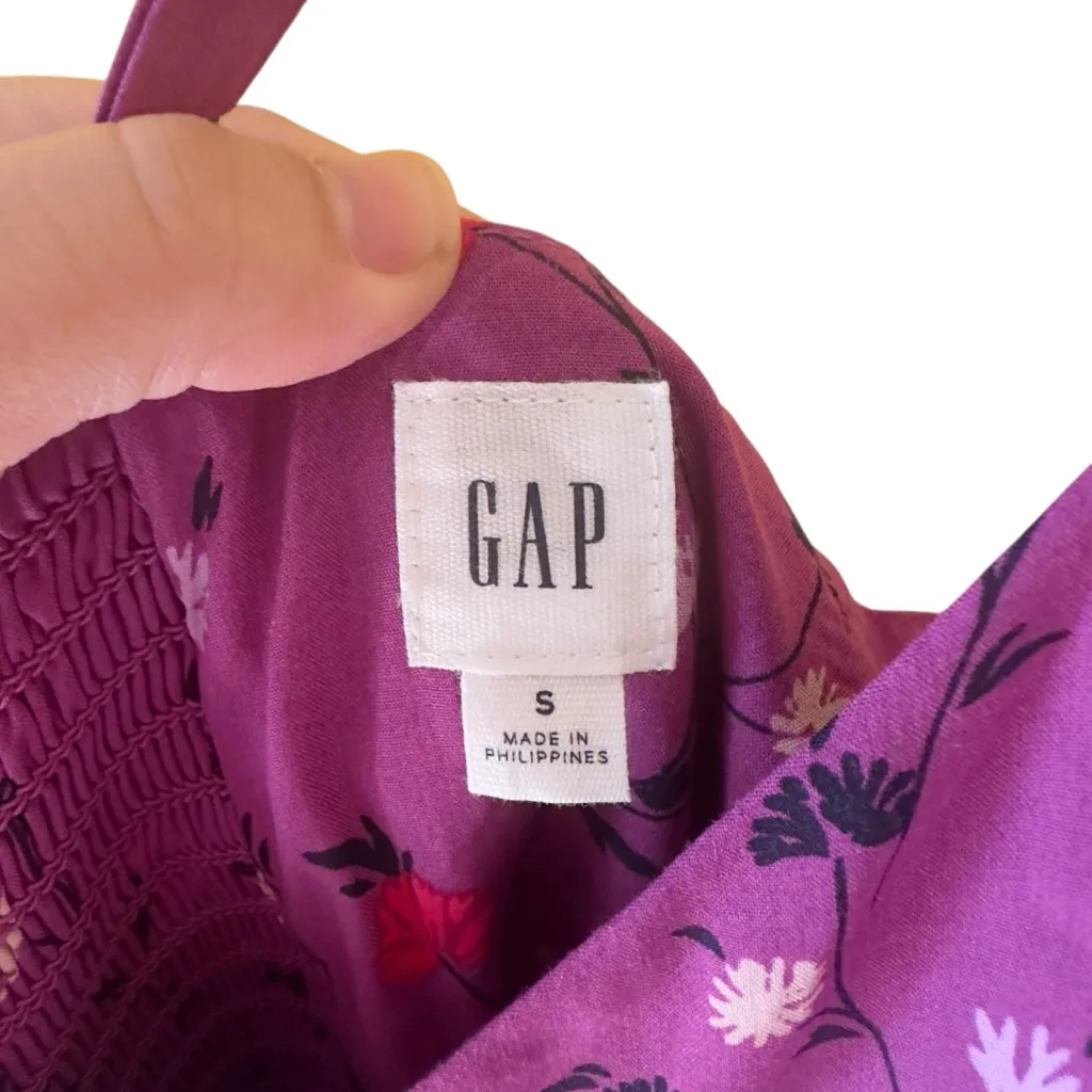 GAP Purple Floral Midi Dress Smocked Bodice Adjustable Straps Small‎ - Image 3