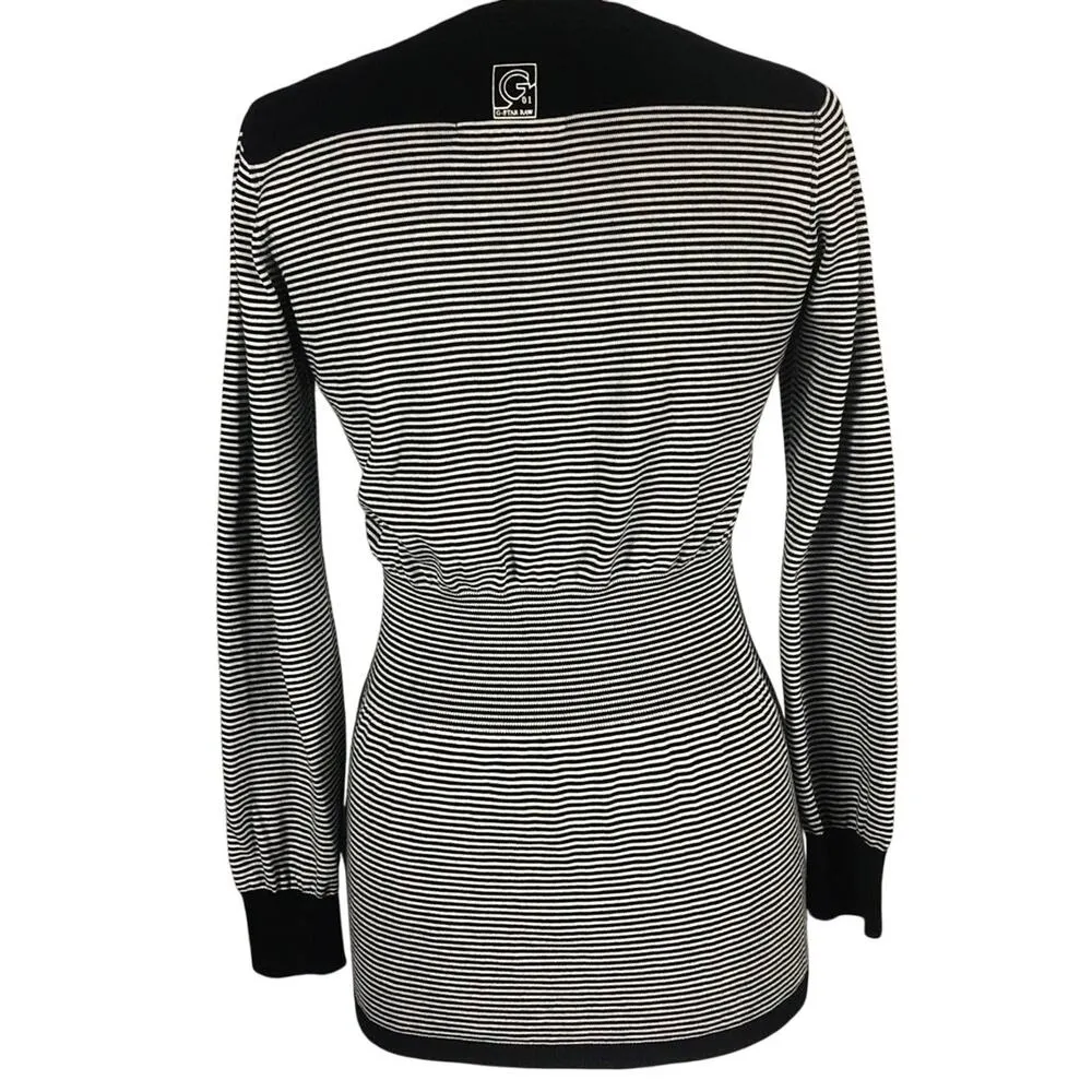 G - Star Raw V neck sweater striped black & white long fitted size large - Image 2