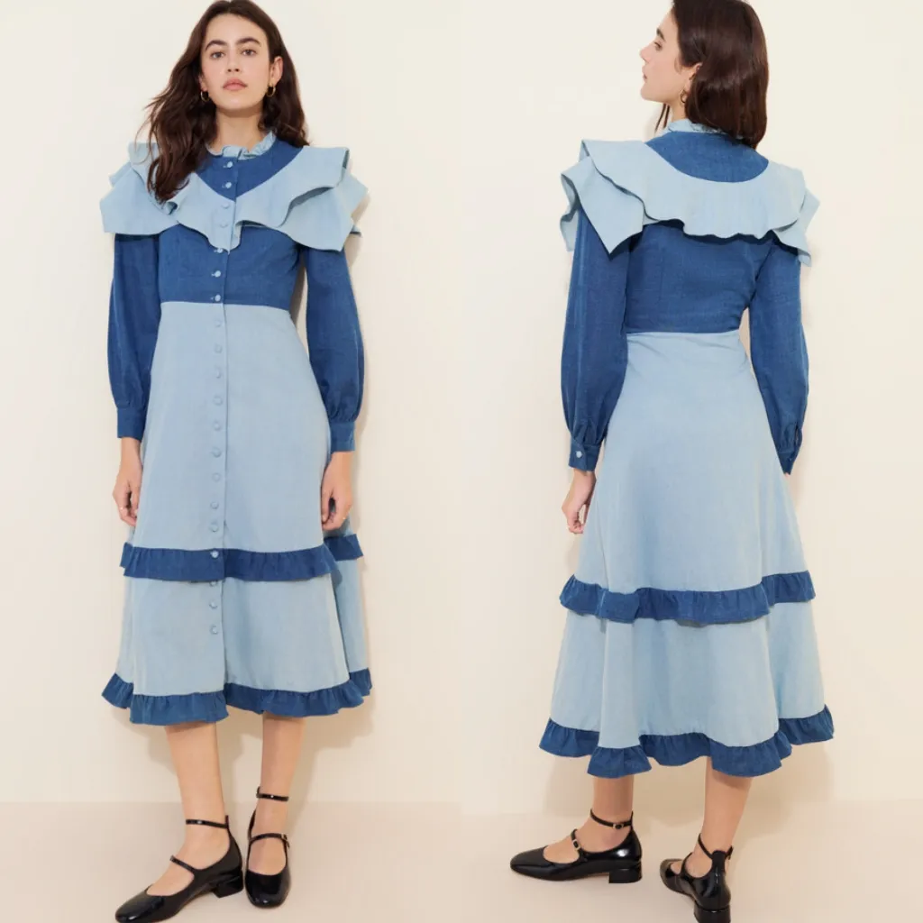 Olivia Rubin Bronte Two Tone Denim Midi Dress Blue - Image 2
