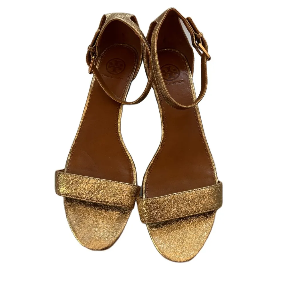 Tory Burch Gold Savannah Wedge Sandal Logo Wedges Heels Size 10 Crackle Metallic - Image 8
