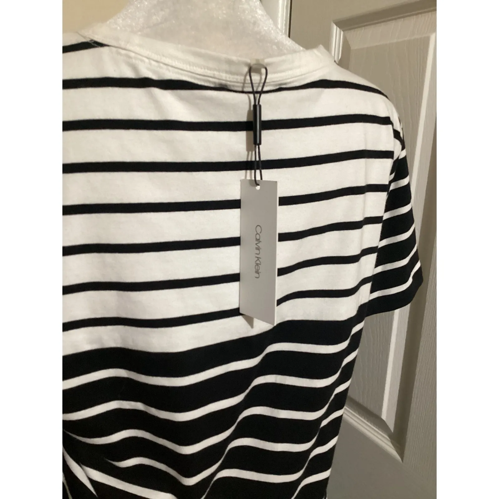 Calvin Klein Women Striped T Shirt Dress Black White Gold Logo Casual Midi - Image 5