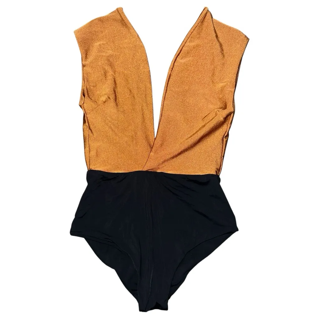 Haight. Women’s Sz M Bronze Black Deep Plunge V One Piece Swimsuit Bathing Suit Gold Size M - Image 2