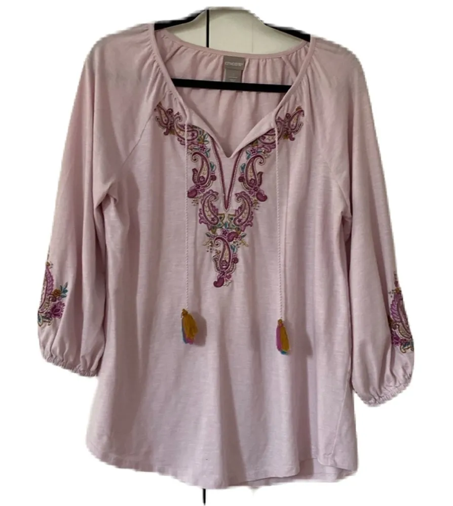 Chico’s‎ Size 1 Embroidered Tassel Top in Pink Embroidery Tassels Chicos Medium - Image 1