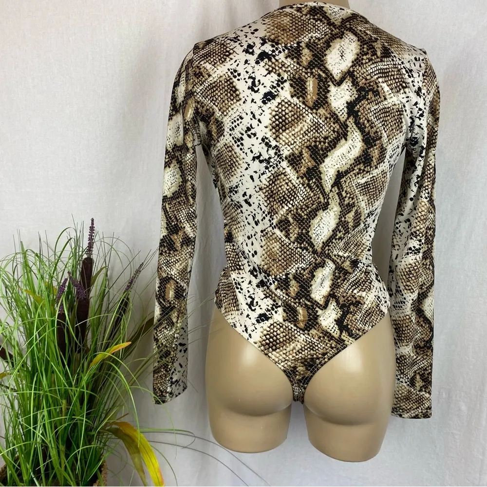 Animal Print Brown Long Sleeve Deep Plunge Bodysuit S - Image 3