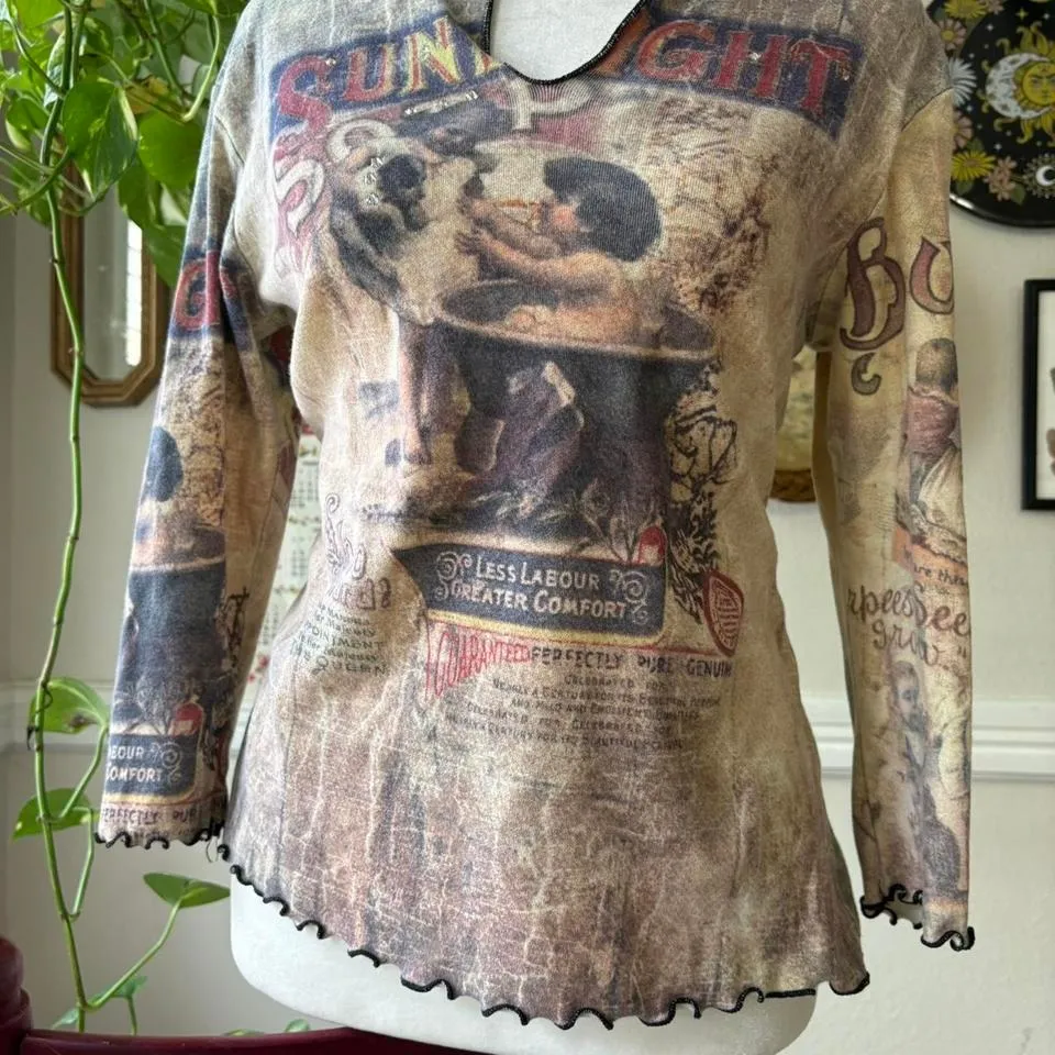 Y2K YUKIKO Sunlight Top M Artsy Rhinestones Western Vintage Ad Print USA made Size M - Image 8
