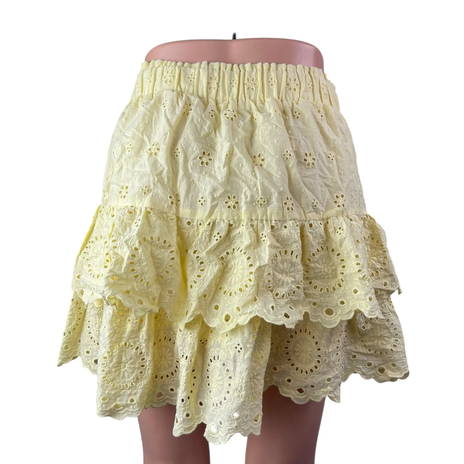 Ann Taylor LOFT Yellow Floral Eyelet Embroidered Ruffle Tiered Mini Skirt Size S - Image 3