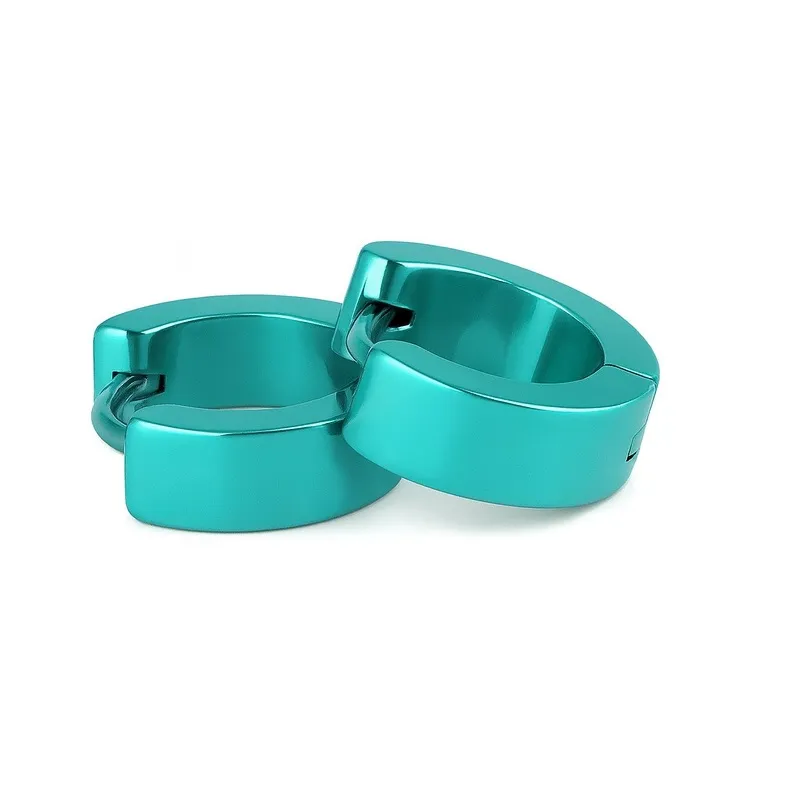Turquoise Stainless Steel Huggie Hoop Earrings – 8mm Unisex Sleeper Style Blue - Image 3