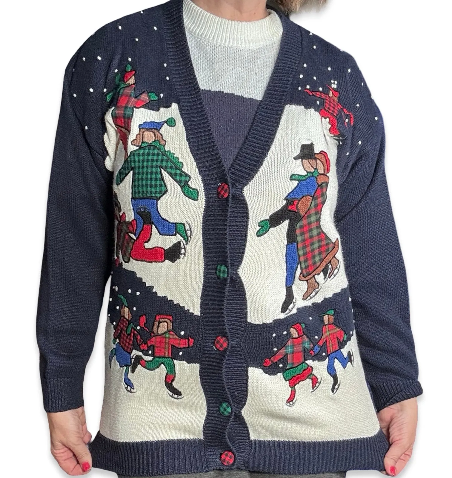 Vintage 90s Susan Bristol Petites Ice Skating Navy Plaid Cardigan Sweater Medium Blue Size undefined - Image 1