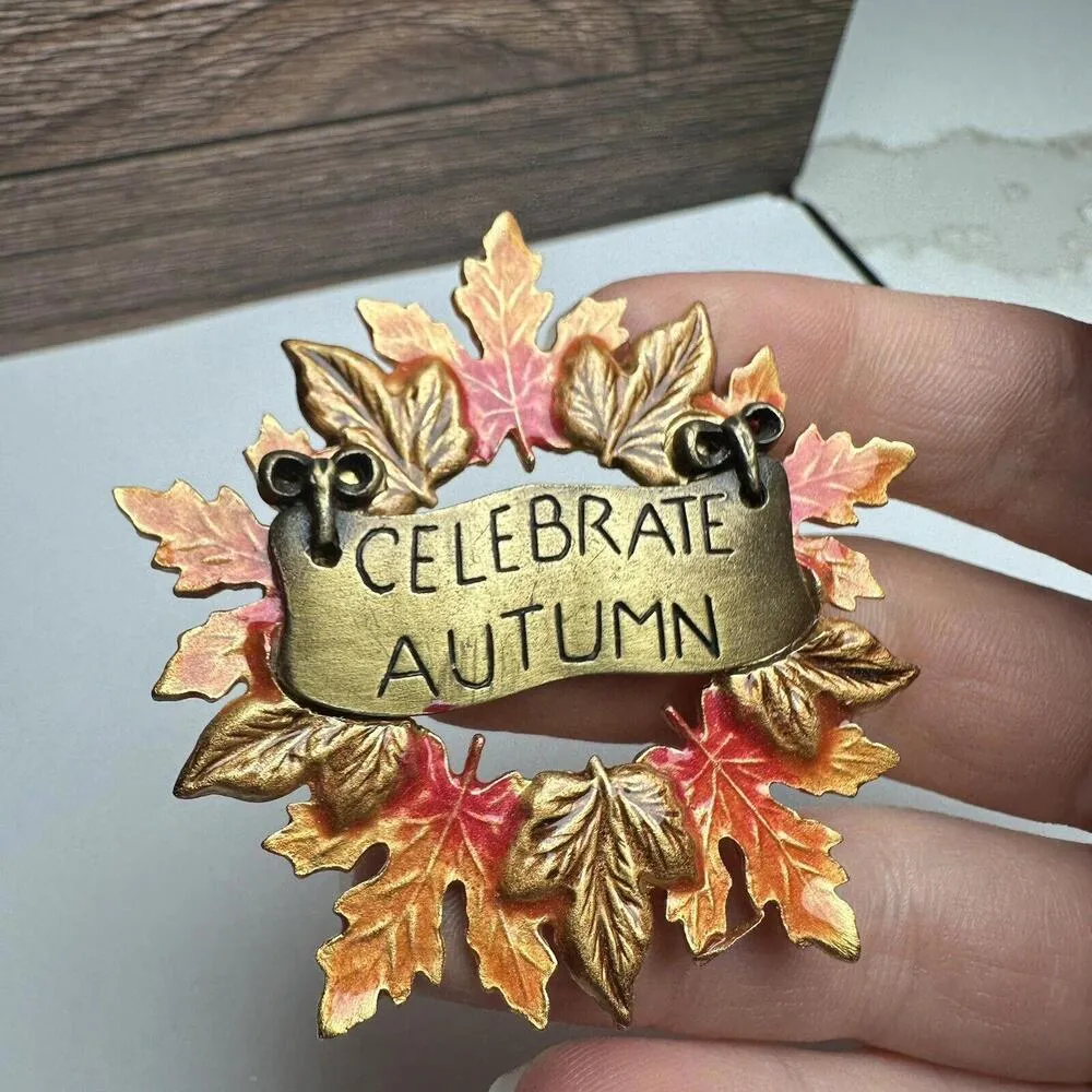 KC Autumn Leaf Wreath Fall Leaves Enamel Brooch Pin Great For Thanksgiving - Image 7