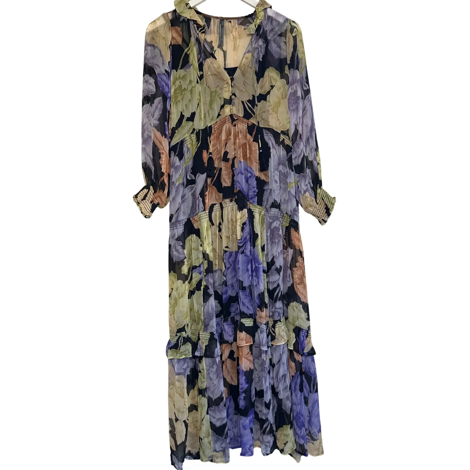 Anthropologie The Marais Printed Chiffon Maxi Dress Purple Floral XSP Sheer Boho Size undefined - Image 2