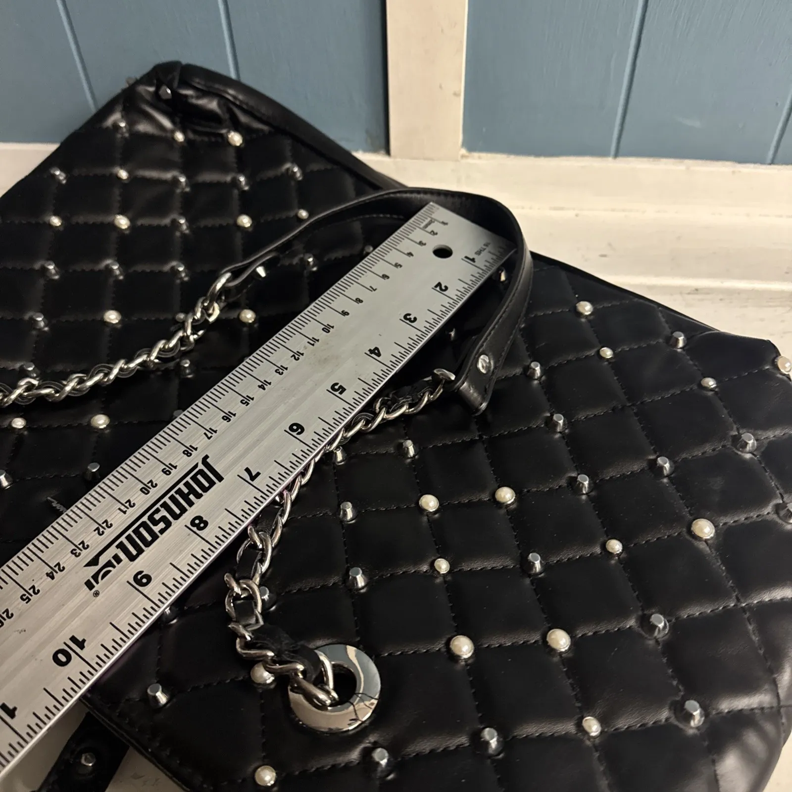 Jessica Simpson Women's Black Tote Shoulder Bag - 18" W x 13" H Purse Pearl Stud - Image 12