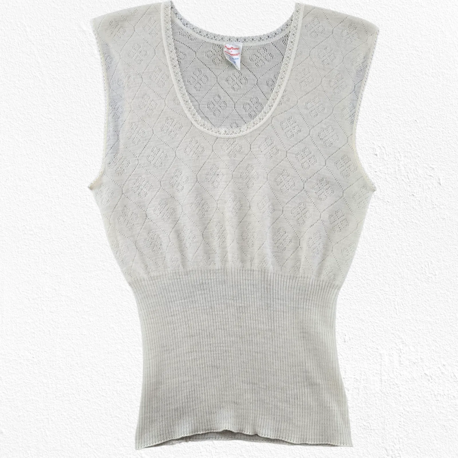 Vintage 70s Knit Vest Top Made in England Diamond Lace Ribbed Waist Size Medium White - Image 2