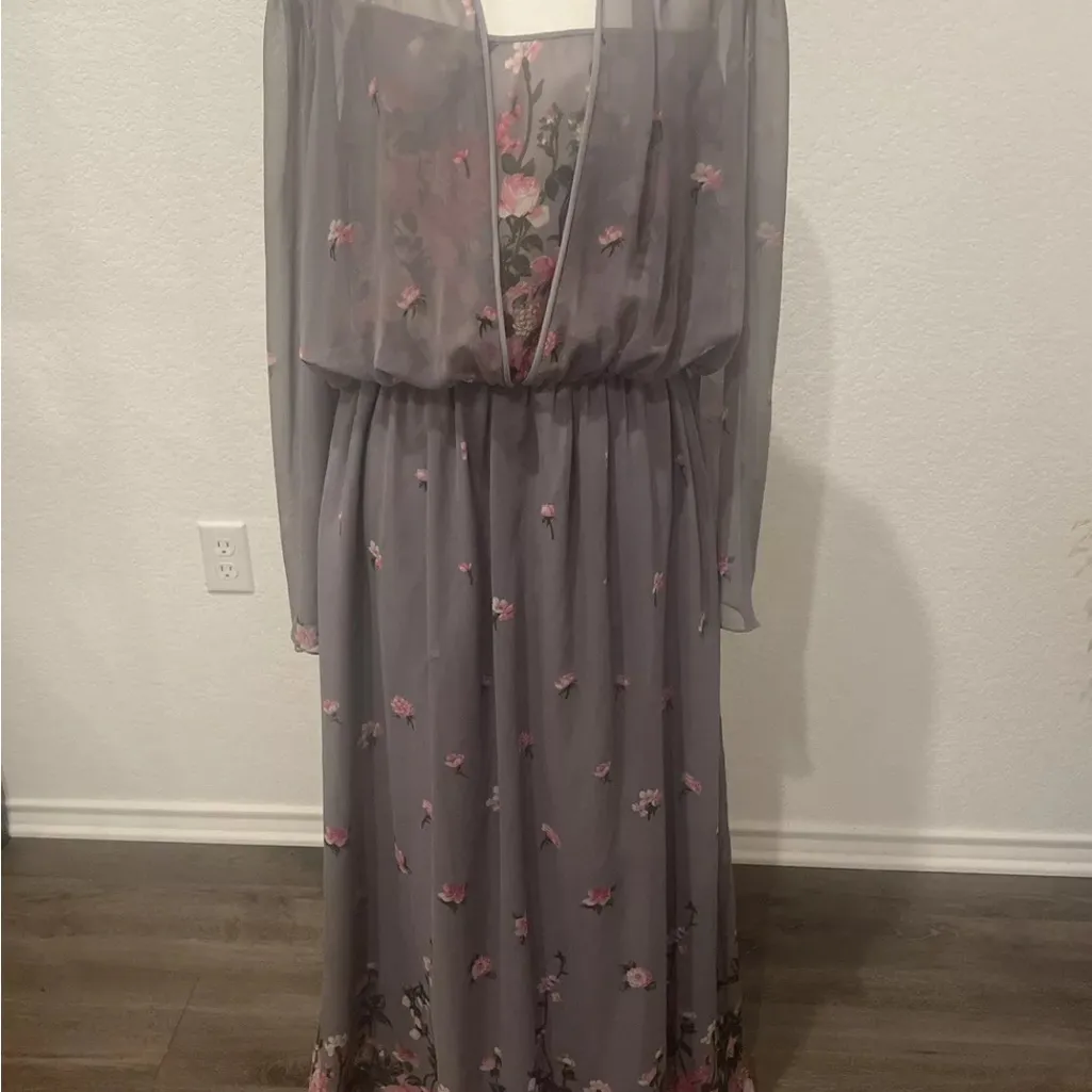 Hanae Mori Vintage Chiffon Gown Dress Floral seventies Made in USA Size 16 Japan Pink - Image 8