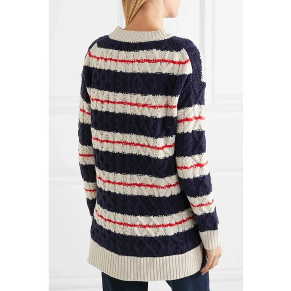 J Crew • Gabby Striped Cable-knit Sweater tunic merino wool navy cream red - Image 15