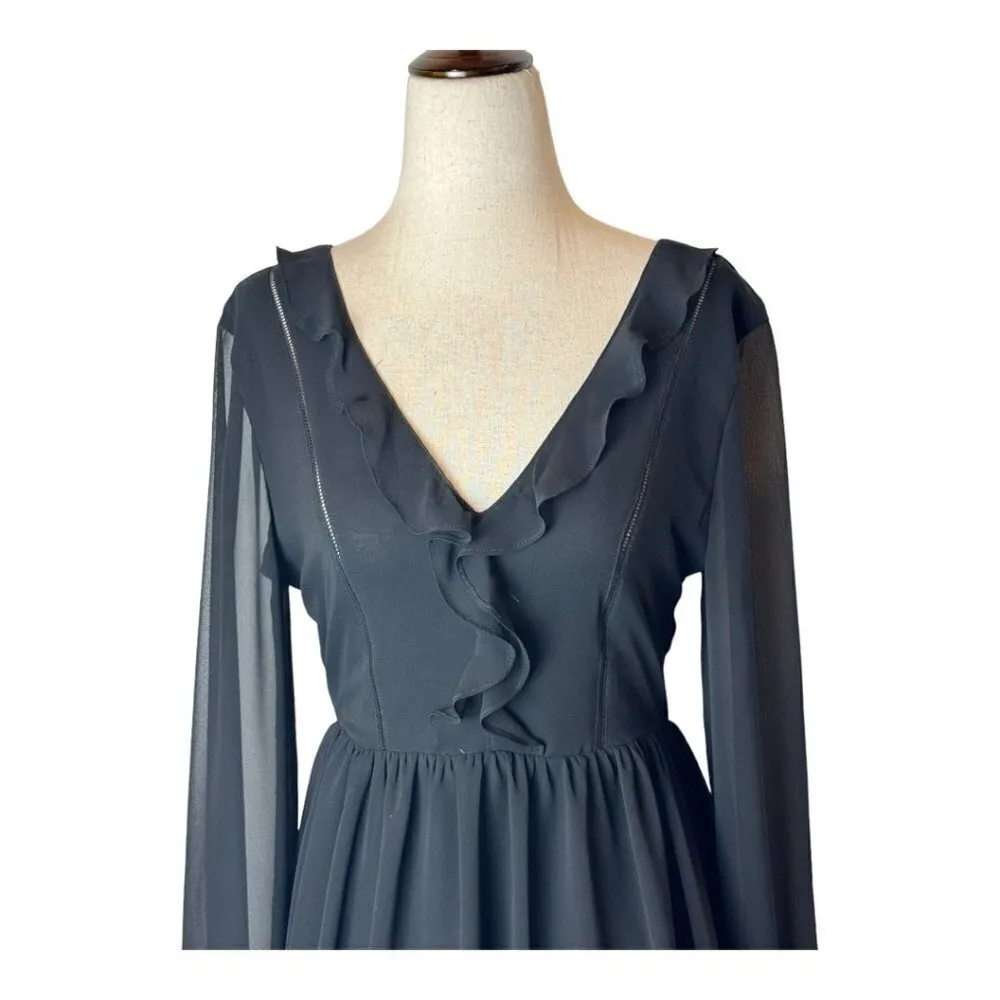 Express Black Ruffle V Neck Long Sheer Sleeve Fit‎ And Flare Mini Dress Size 2 - Image 3