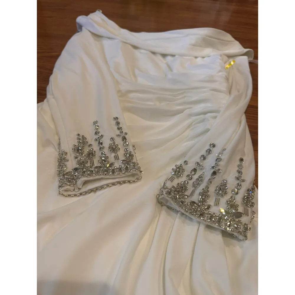 IEENA MAC DUGGAL MIDI bride White Off the Shoulder Beaded Long Sleeve size 8 - Image 4