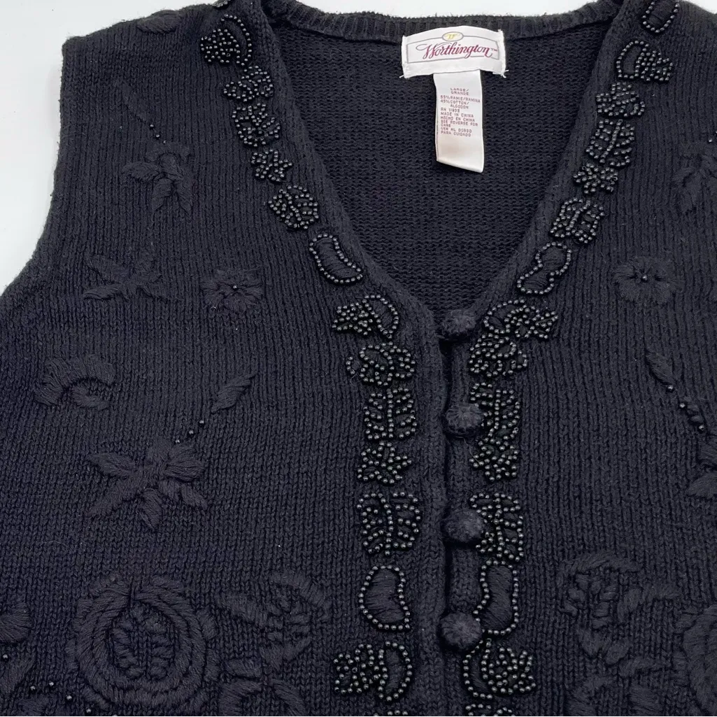 Vintage 90s Worthington Black Floral Embroidered Embellished Beaded Sweater Vest - Image 4
