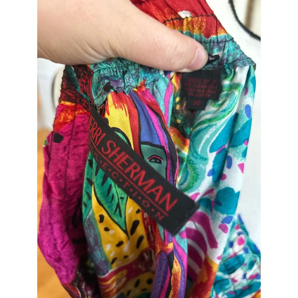 Vintage Two Piece Silk Top & Skirt Pink & Blue FIsh Floral Star Print Size 14 - Image 11