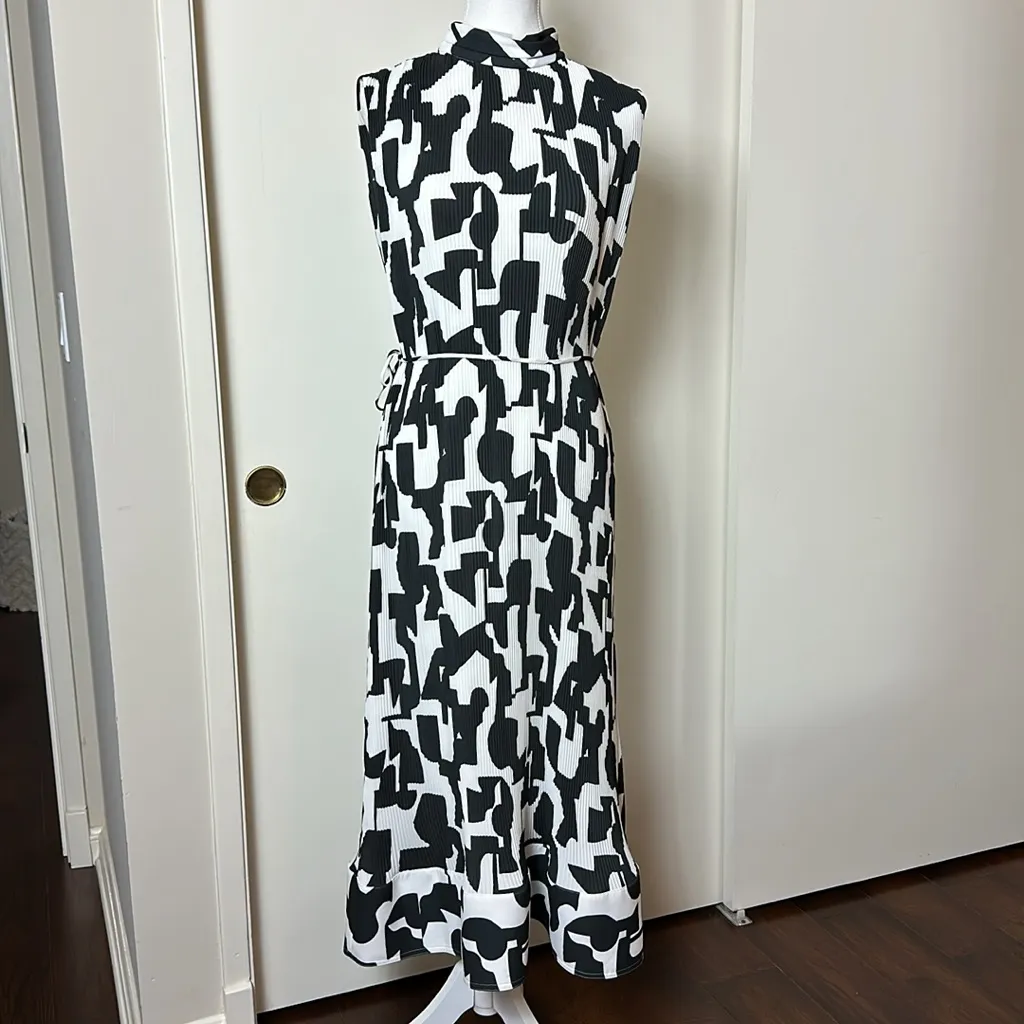 MILLY Melina Pleater Midi Dress Black‎ & White High Neck Structured Size 10 - Image 2