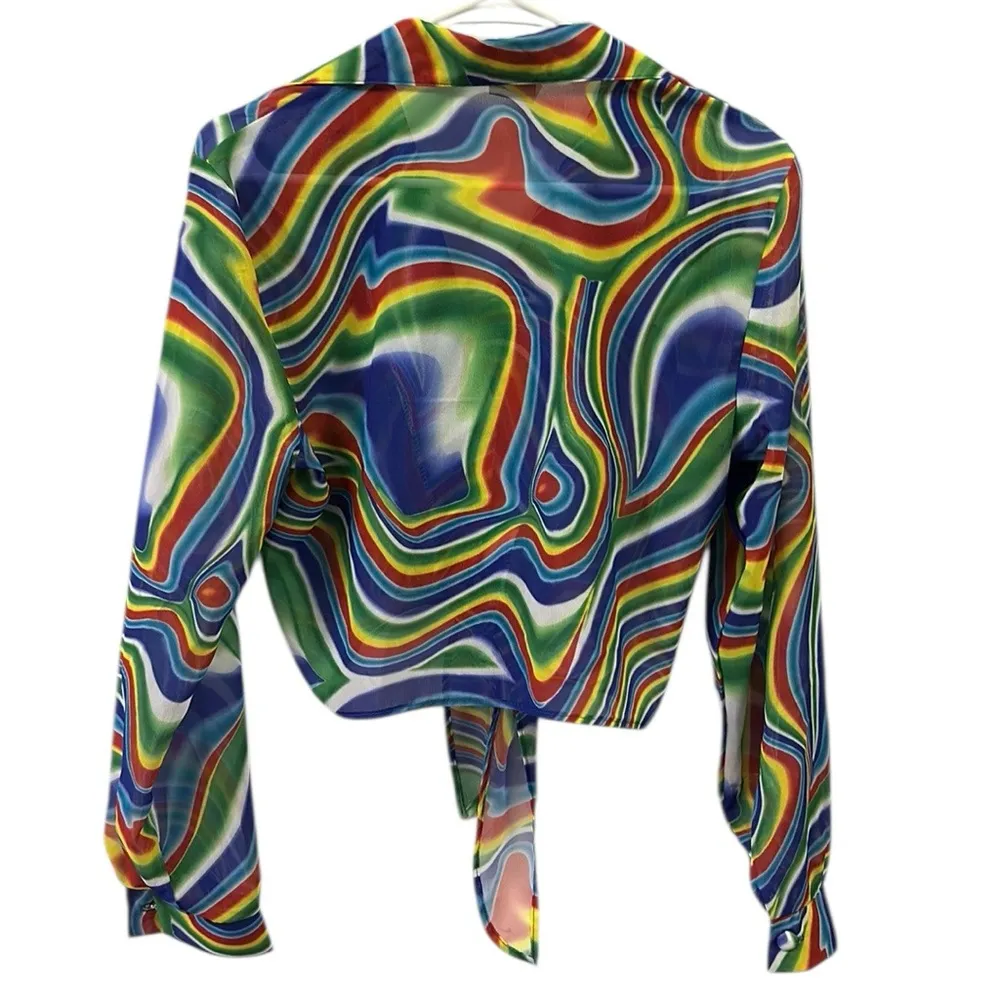 Hot Stuff Psychedelic Print Front Tie Long Sleeve Button Up Blouse Top Medium Blue - Image 12