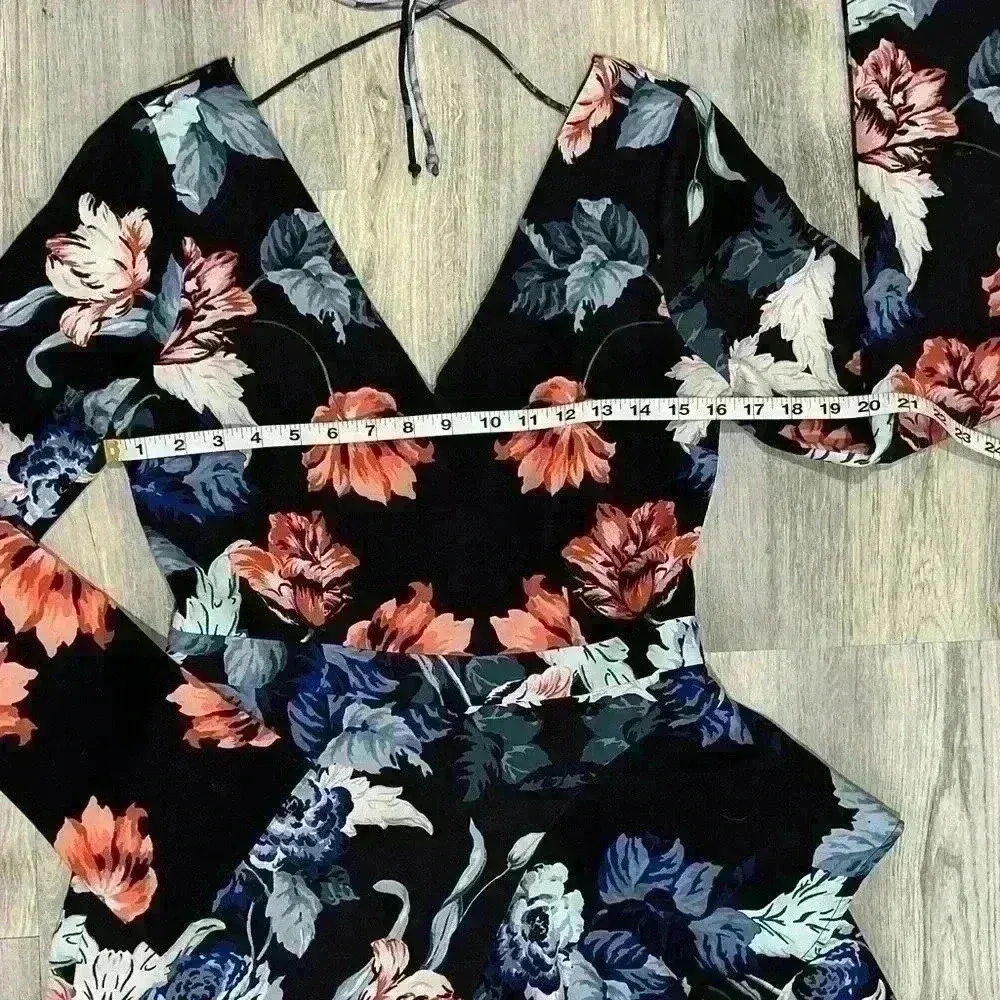 Cooper St Black Floral Long Sleeve V Neck Mini Dress Multi Layer Skirt Size 6 Blue - Image 3