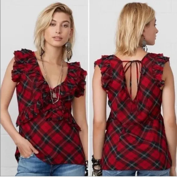 Denim & Supply Ralph Lauren Red Tartan Plaid Ruffle Top Blouse Sleeveless, Sz M - Image 2