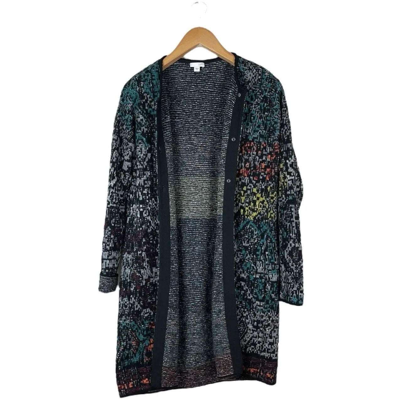 J JILL Women's Sz S Black Jacquard Multicolor Print Cardigan Button Sweater Coat - Image 2