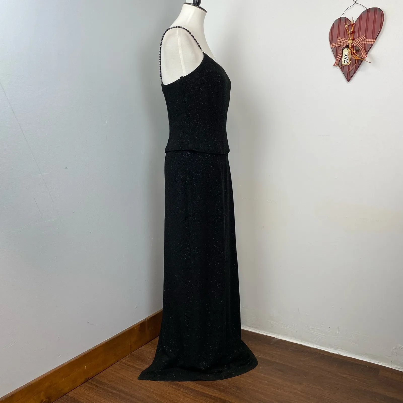 Betsy & Adam Black Sparkling Bead Strap Evening Maxi Dress 12P Wedding Formal - Image 3