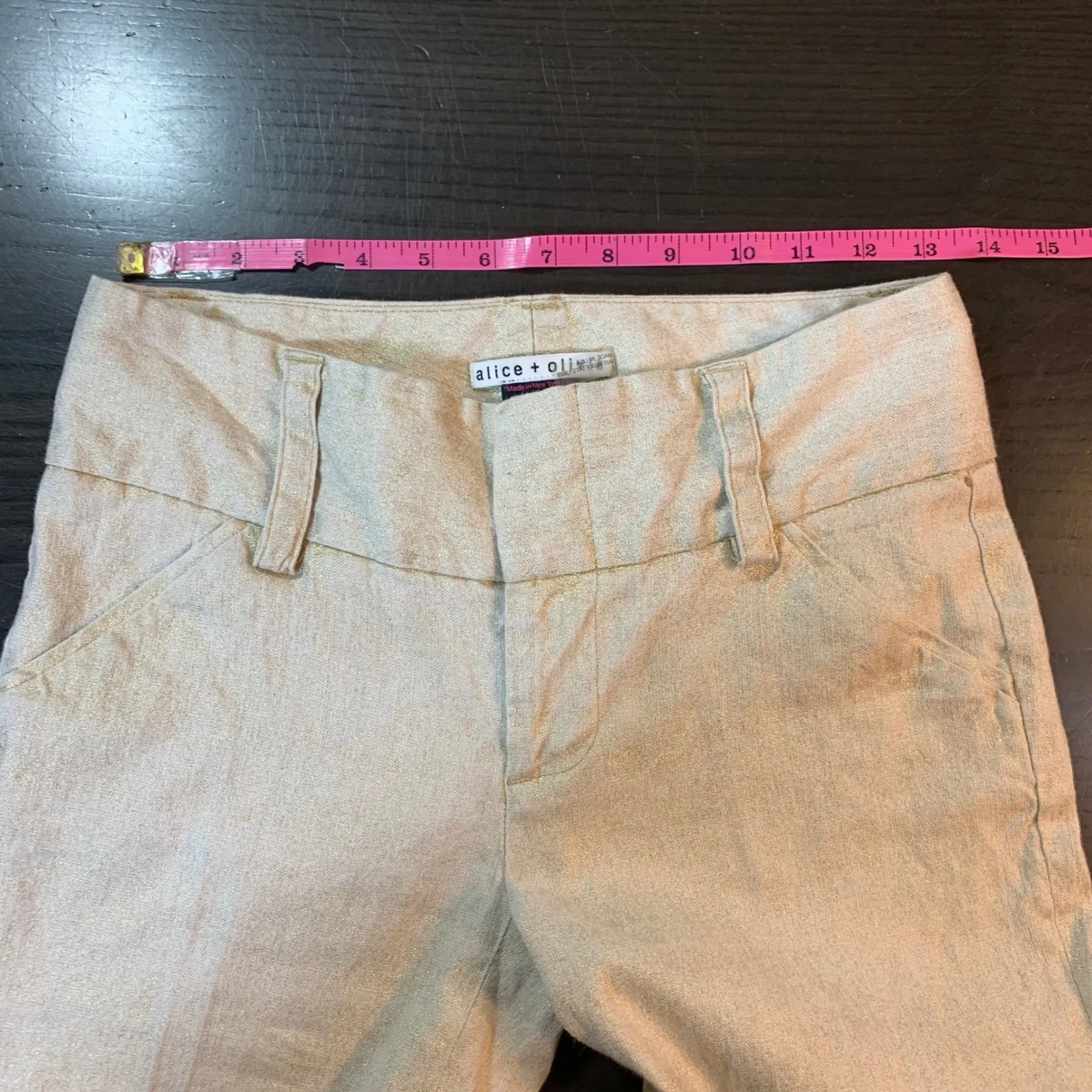 Alice + Olivia Linen Blend Pants 0‎ Beige Bootcut Gold Sparkle USA Made Trousers - Image 6