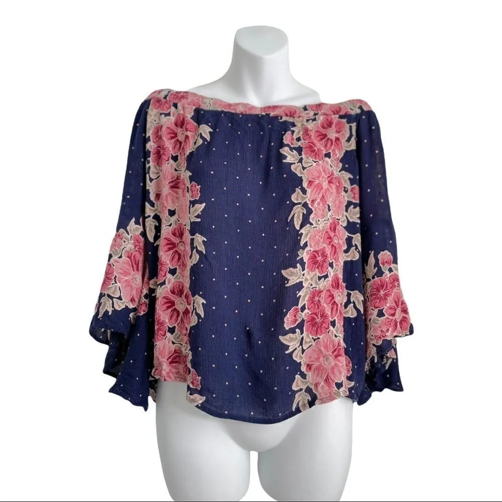 Francesca Floral Polka Dot Off Shoulder Batwing Top Blue Size M - Image 4