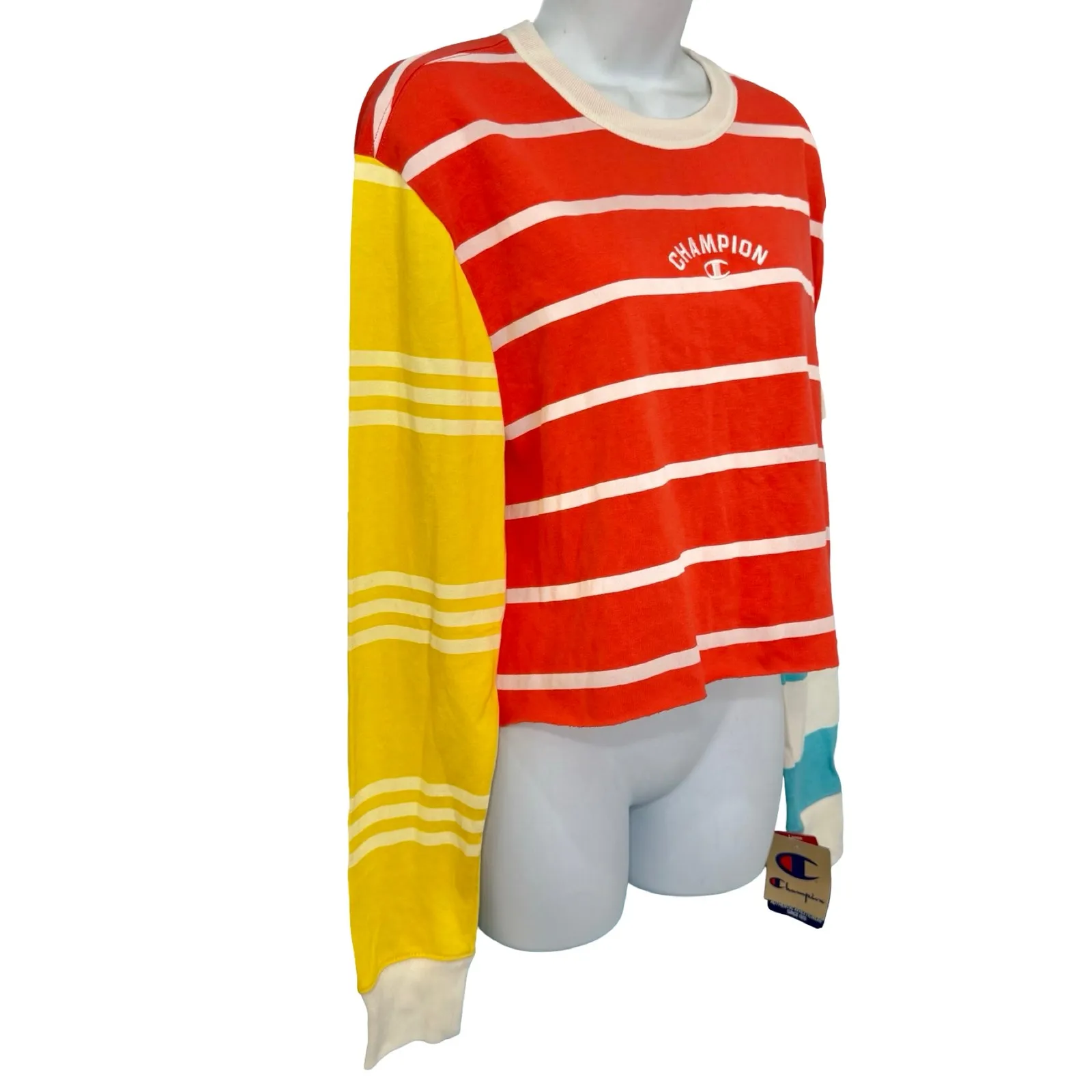Champion Colorblock Red Yellow Blue Striped Cropped Long Sleeve Tee sz M NEW Tag - Image 7