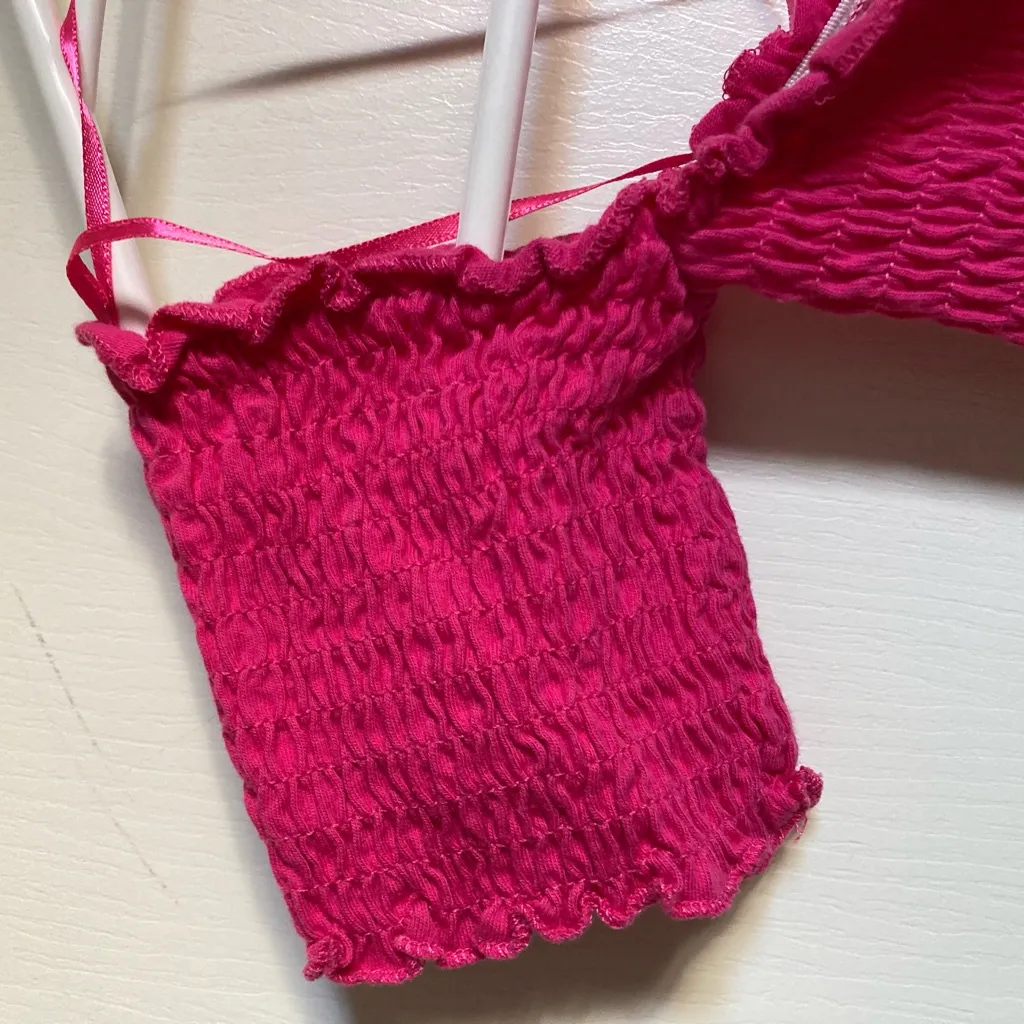 Zara Trafulac Hot Pink Barbiecore Smocked Off Shoulder Cropped Tube Top - Image 4