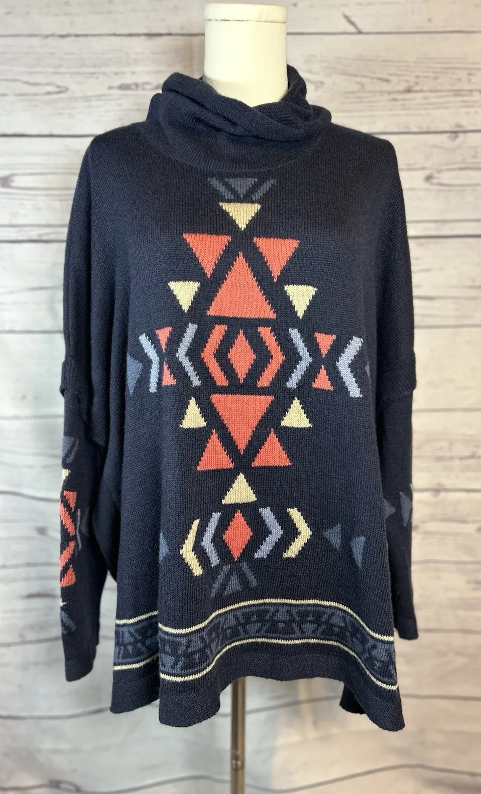 J. Jill oversized poncho style Aztec navy blue turtleneck sweater MP lovely!! Size undefined - Image 1