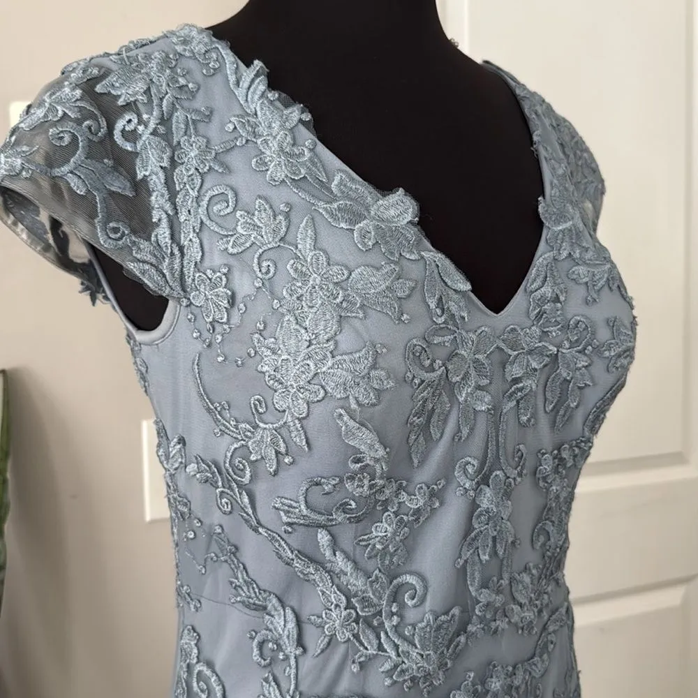 Azazie Dusty Blue Mermaid Sequin Tulle Laurie Romy Floor Cap Sleeve Formal Dress - Image 5