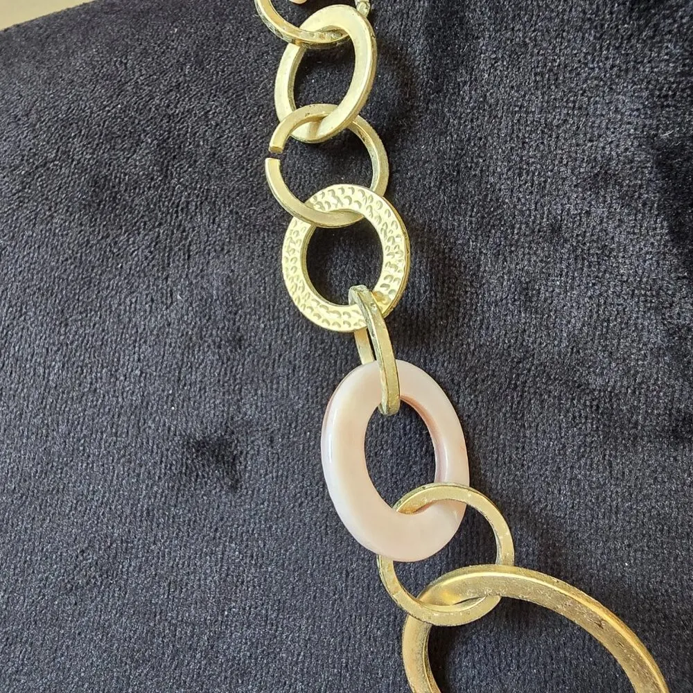 Women Gold Tone Cut Out Circle Rings Metal & Reisen Linked Necklace with Lobster - Image 6