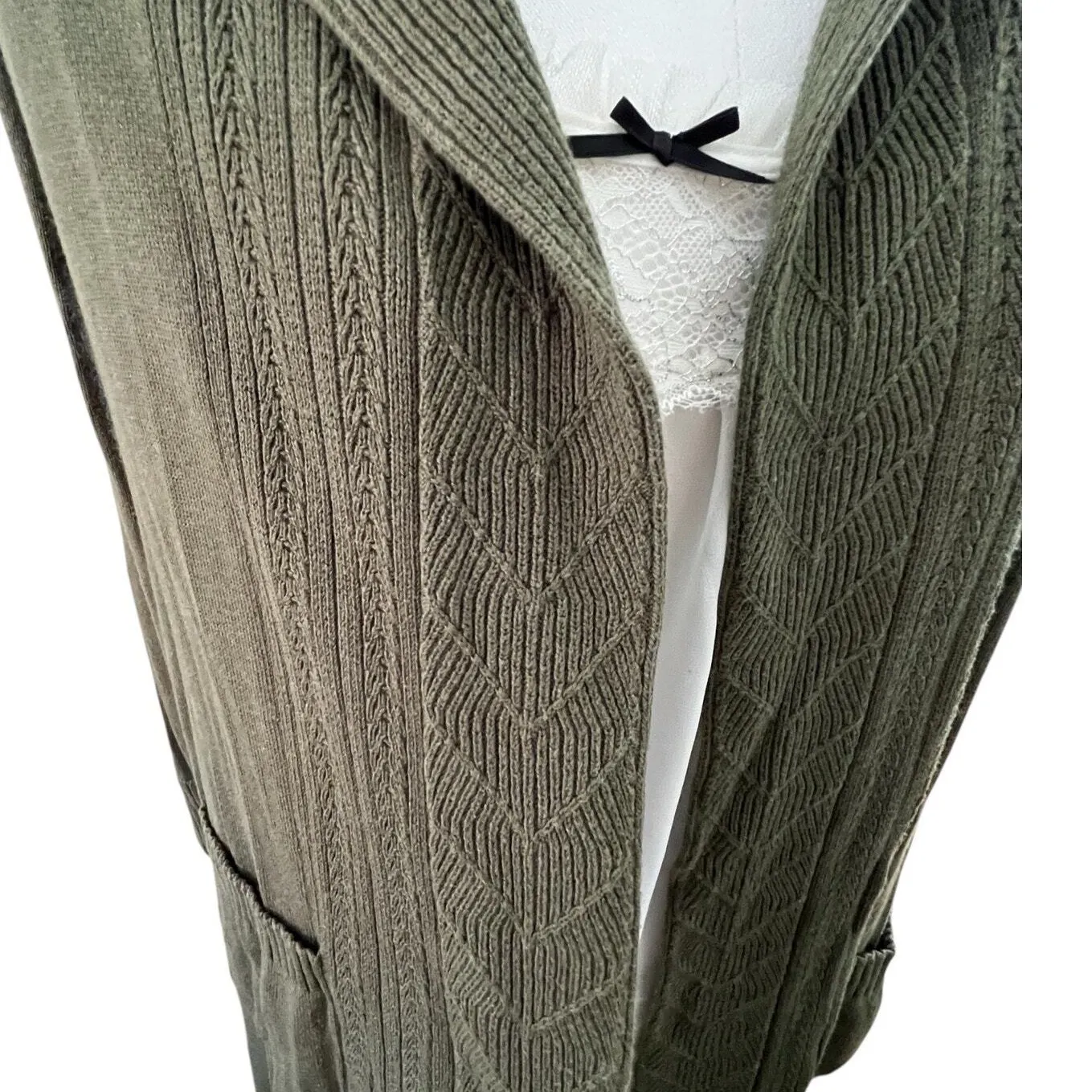 Cozy Army Green‎ Hooded Cardigan XXS Knit Cottagecore Academia Layering Casual - Image 3