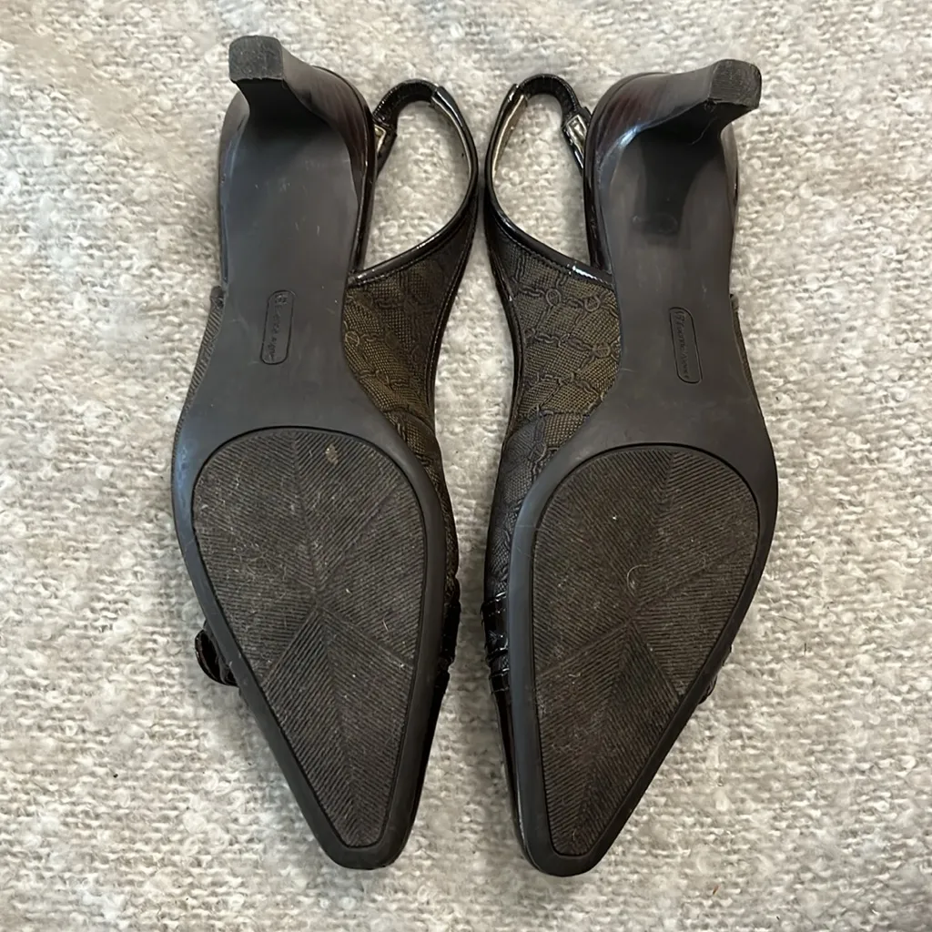 Etienne Aigner Brown Patent Leather‎ Fabric Logo Sling Back Vanessa Heels 7.5 - Image 11
